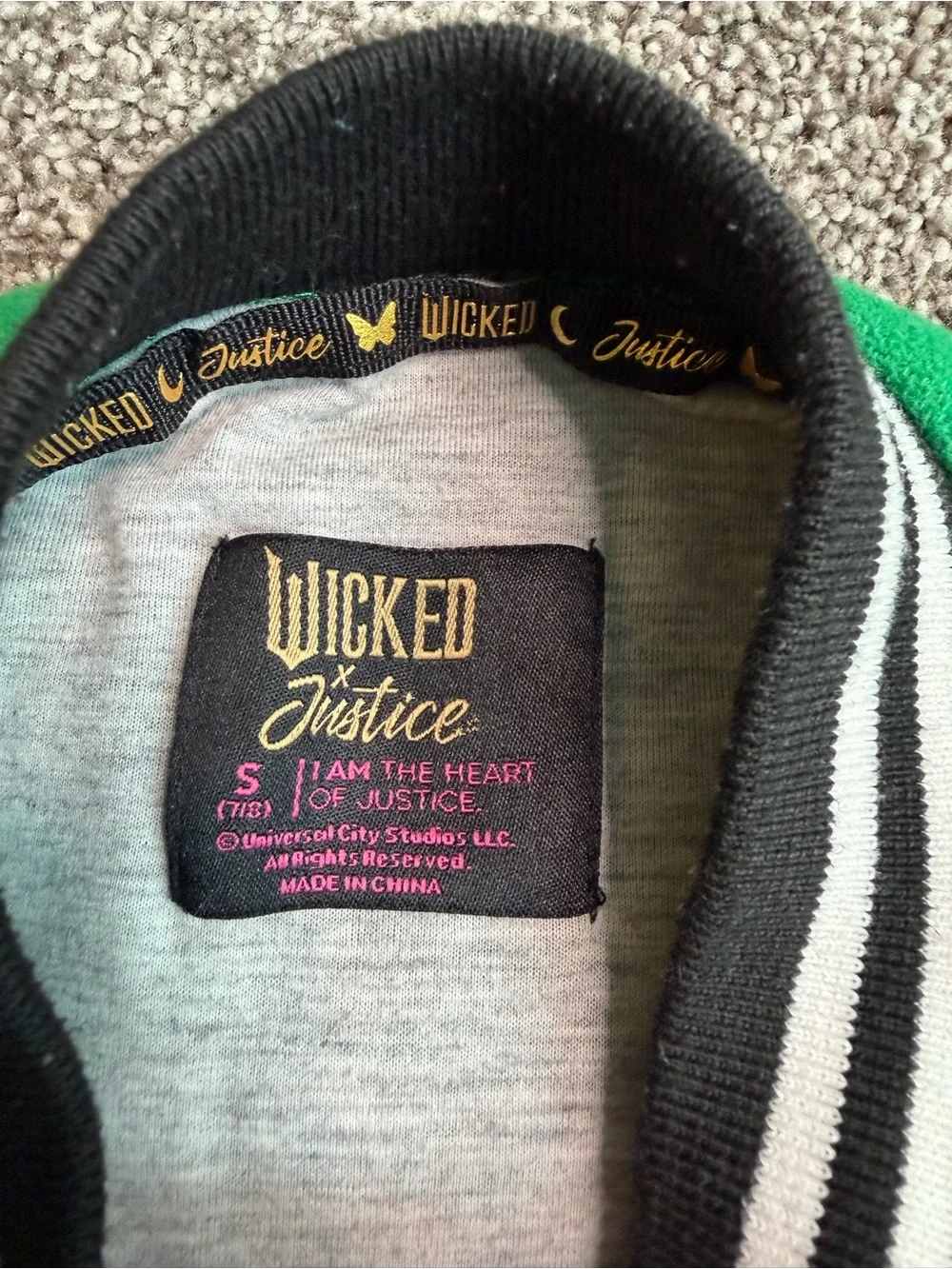 Wicked x Justice Girls Small 7/8 Varsity Jacket Green Black Elphaba